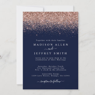 Navy Blue and Rose Gold Glitter Wedding Invitation