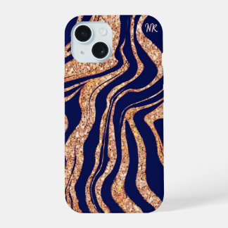 Navy Blue And Rose Gold Glitter Zebra Monogram iPhone 15 Case