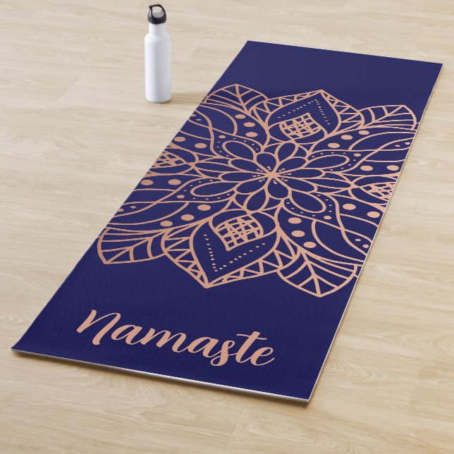 Navy Blue and Rose Gold Mandala Flower Custom Name Yoga Mat (In Situ)