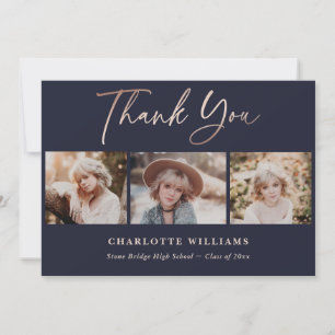 Navy Blue and Rose Gold Photo Collage Graduation Thank You Card