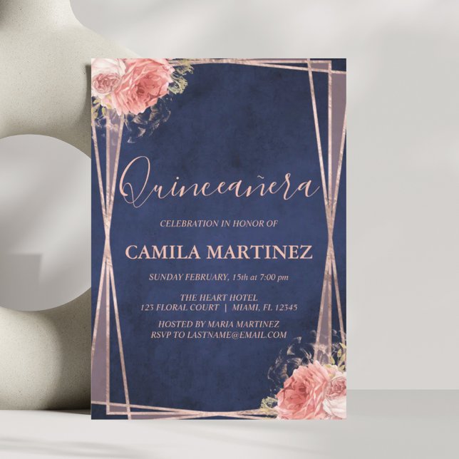 Navy Blue and Rose Gold Quinceanera Party Invitation (Creator Uploaded)