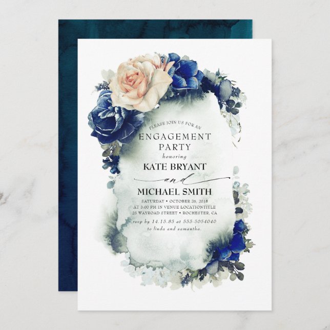 Navy Blue and Rust Floral Modern Engagement Party Invitation (Front/Back)