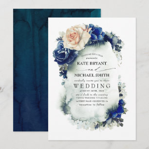 Navy Blue and Rust Terracotta Floral Boho Wedding Invitation