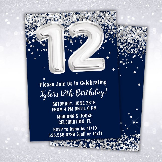 Navy Blue and Silver 12th Birthday Invitation (Creator Uploaded)