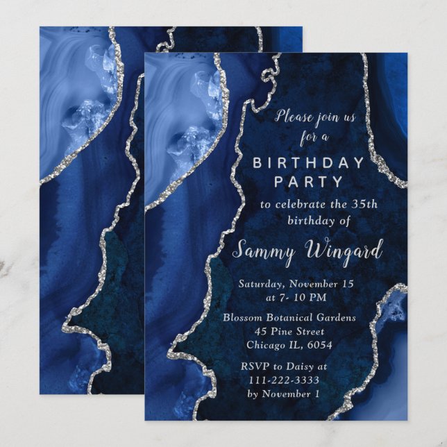 Navy Blue and Silver Agate Marble Birthday Party Invitation (Front/Back)