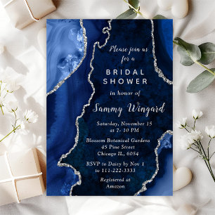 Navy Blue and Silver Agate Marble Bridal Shower Invitation