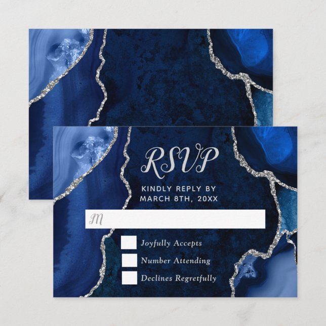 Navy Blue and Silver Agate Marble RSVP Card (Front/Back)