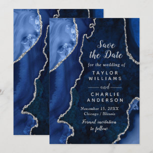 Navy Blue and Silver Agate Marble Save The Date Invitation