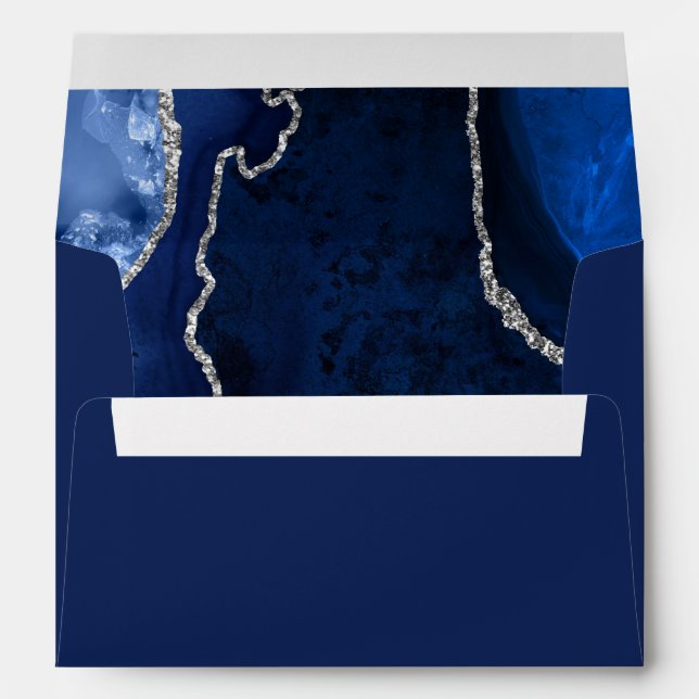 Navy Blue and Silver Agate Marble Wedding Envelope (Back (Bottom))