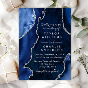 Navy Blue and Silver Agate Marble Wedding Invitation