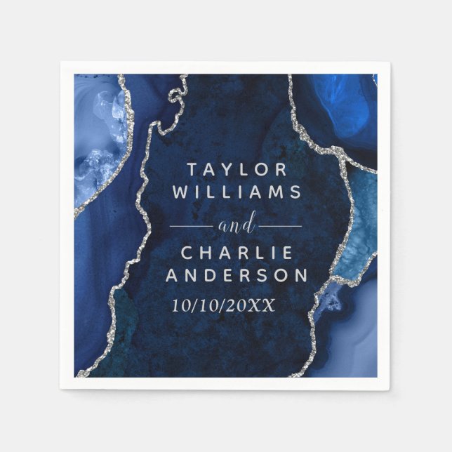 Navy Blue and Silver Agate Marble Wedding Napkin (Front)