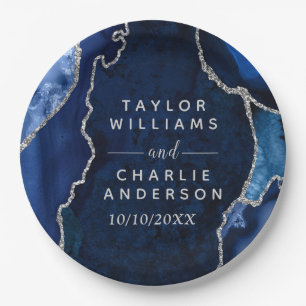 Navy Blue and Silver Agate Marble Wedding Paper Plate