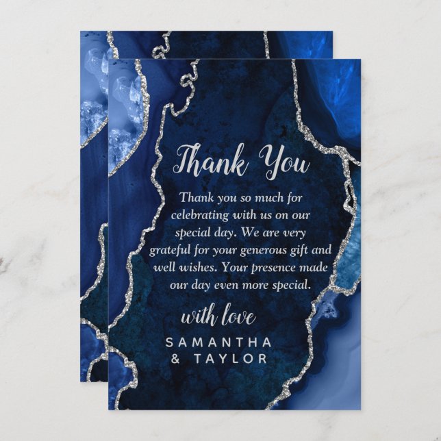 Navy Blue and Silver Agate Marble Wedding Thank You Card (Front/Back)