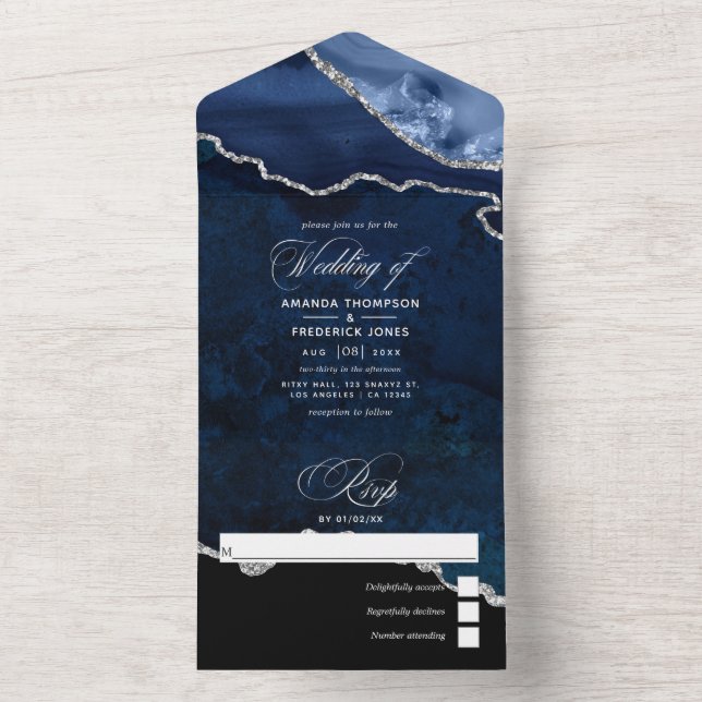 Navy Blue and Silver Agate Wedding All In One Invi All In One Invitation (Inside)