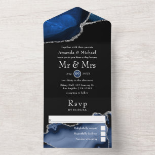 Navy Blue and Silver Agate Wedding All In One Invi Invitation