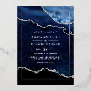 Navy Blue and Silver Agate Wedding Foil Invitation