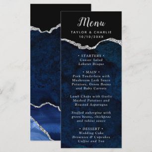 Navy Blue and Silver Agate Wedding Menu