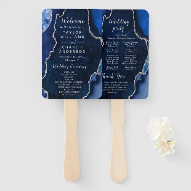 Navy Blue and Silver Agate Wedding Program Hand Fan (Front and Back)