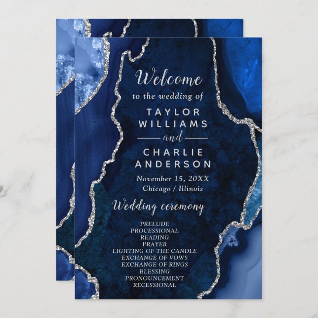 Navy Blue and Silver Agate Wedding Program Programme (Front/Back)