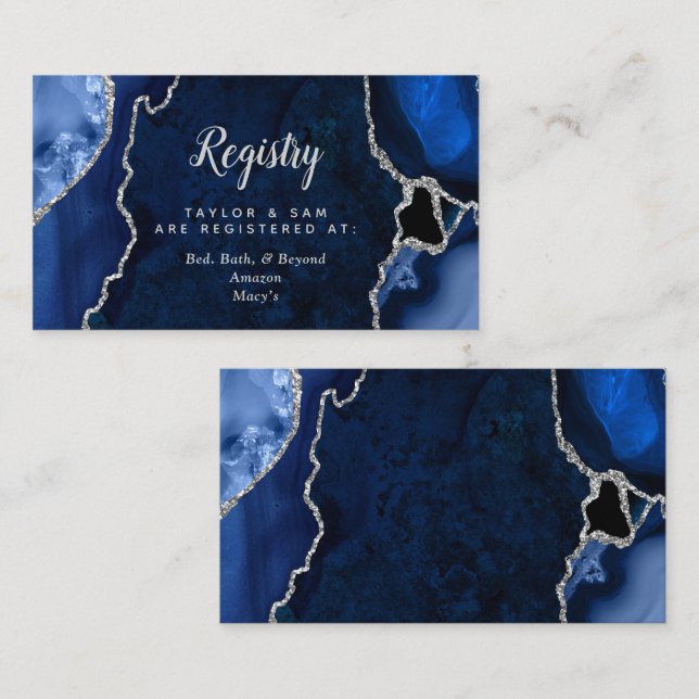 Navy Blue and Silver Agate Wedding Registry Enclosure Card (Front/Back)