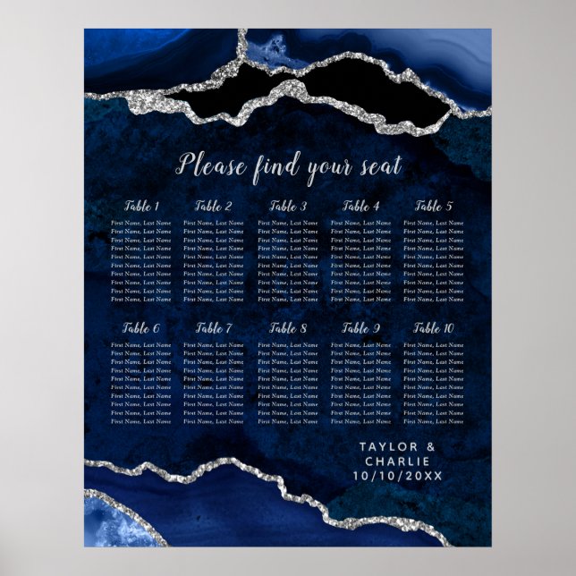 Navy Blue and Silver Agate Wedding Seating Chart (Front)