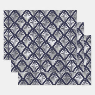 Navy Blue and Silver Art Deco Diamond Pattern Wrapping Paper Sheet