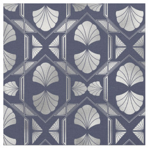 Navy Blue and Silver Art Deco Shell Pattern Fabric