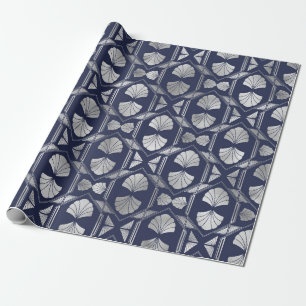 Navy Blue and Silver Art Deco Shell Pattern Wrapping Paper