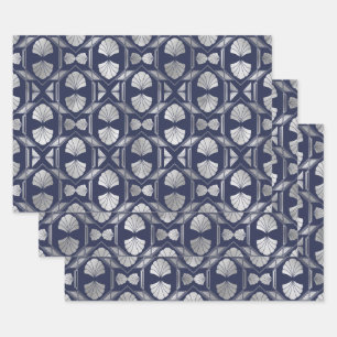 Navy Blue and Silver Art Deco Shell Pattern Wrapping Paper Sheet