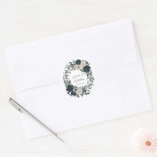 Navy Blue and Silver Elegant Ivory Floral Wedding Classic Round Sticker (Envelope)