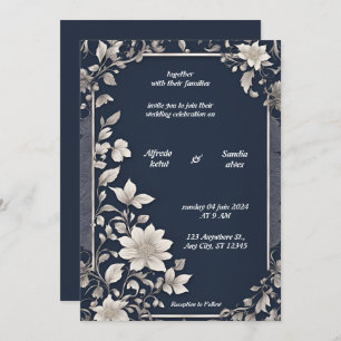Navy Blue and Silver Elegant Ivory Floral Wedding Invitation
