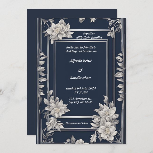 Navy Blue and Silver Elegant Ivory Floral Wedding Invitation (Front/Back)