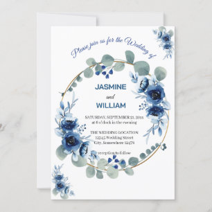 Navy Blue and Silver Elegant Ivory Floral Wedding Invitation