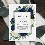 Navy Blue and Silver Elegant Ivory Floral Wedding Invitation<br><div class="desc">Design features an elegant watercolor floral wreath decorated with peonies, roses, eucalyptus greenery and more in shades of navy blue, green and ivory. Design also features a silver grey printed box beneath the wreath with a modern font - text layout. A matching floral arrangement is added to the back to...</div>