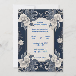 Navy Blue and Silver Elegant Ivory Floral Wedding  Invitation
