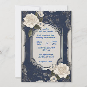 Navy Blue and Silver Elegant Ivory Floral Wedding  Invitation
