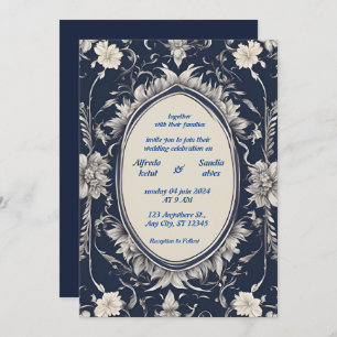 Navy Blue and Silver Elegant Ivory Floral Wedding Invitation