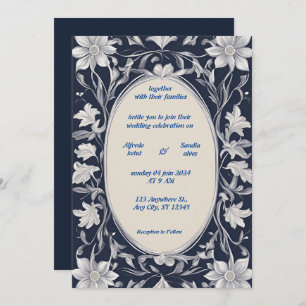 Navy Blue and Silver Elegant Ivory Floral Wedding Invitation