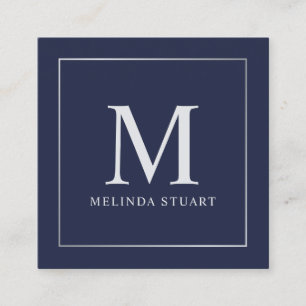 Navy Blue and Silver Elegant Monogram Square Business Card