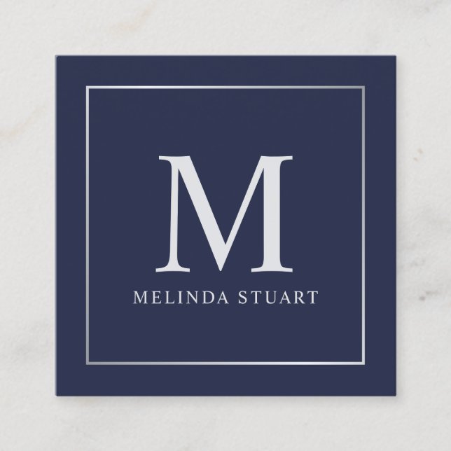Navy Blue and Silver Elegant Monogram Square Business Card (Front)