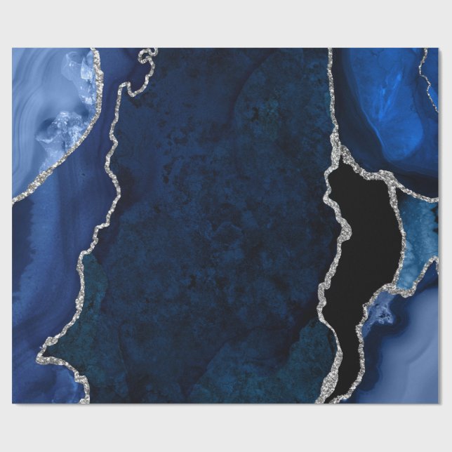 Navy Blue and Silver Faux Glitter Agate Wrapping Paper (Flat)