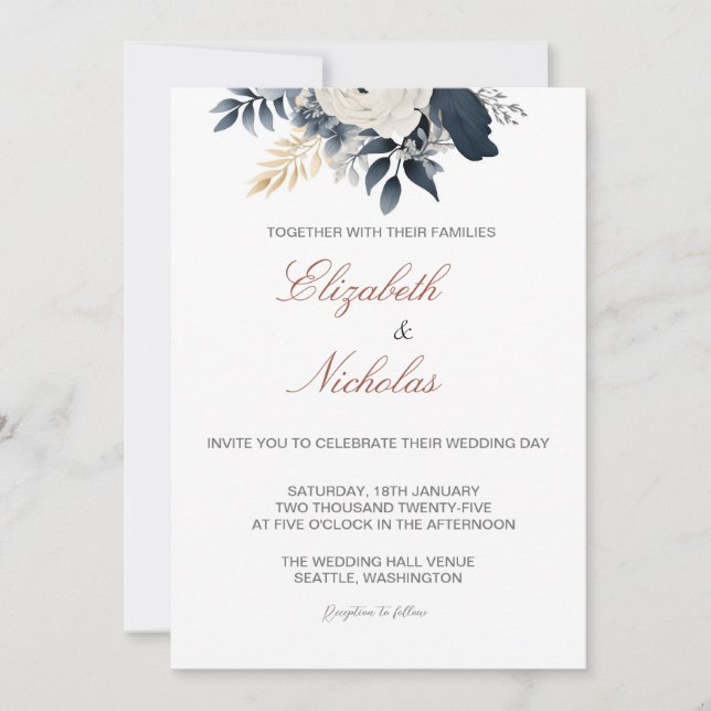 Navy Blue and Silver Floral Wedding Invitation (Front)