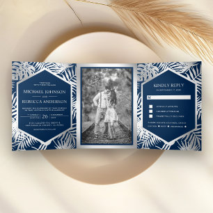 Navy Blue and Silver Foil Tropical Palm Wedding Tri-Fold Invitation