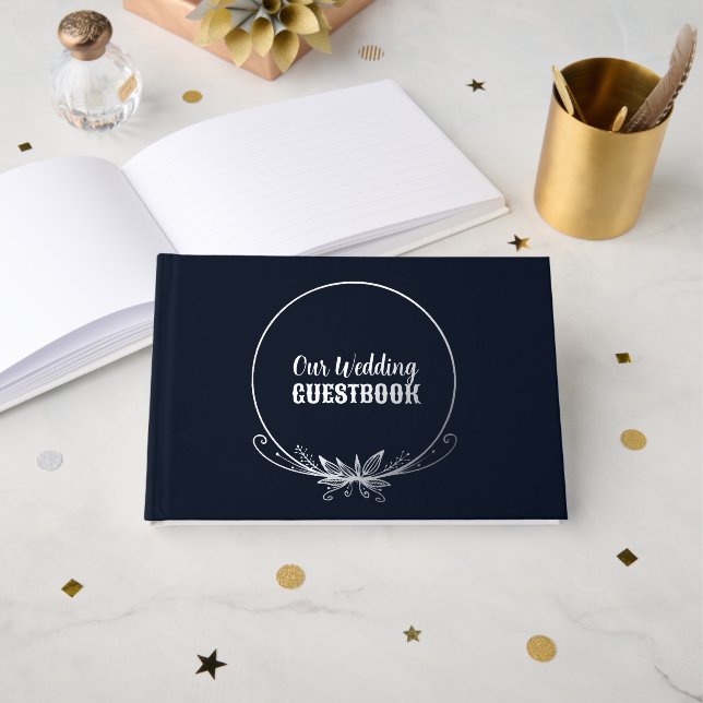 Navy Blue and Silver Foil Wedding Guest Book (Front Open)