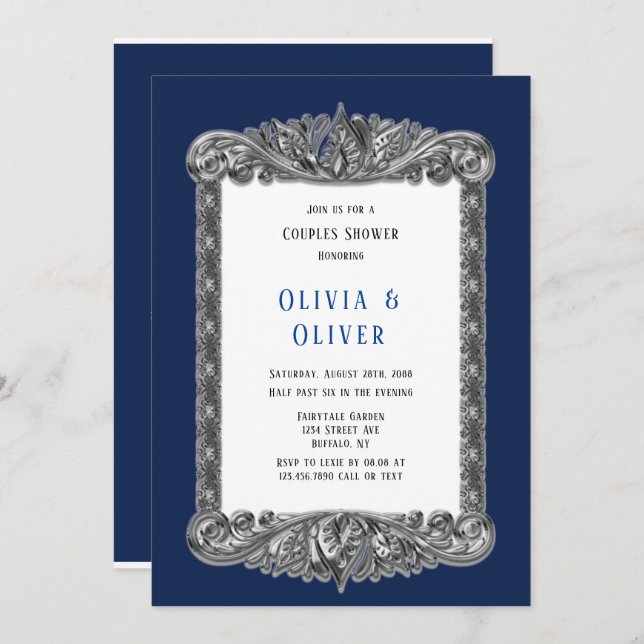 Navy Blue and Silver Frame Royal Couples Shower Invitation (Front/Back)