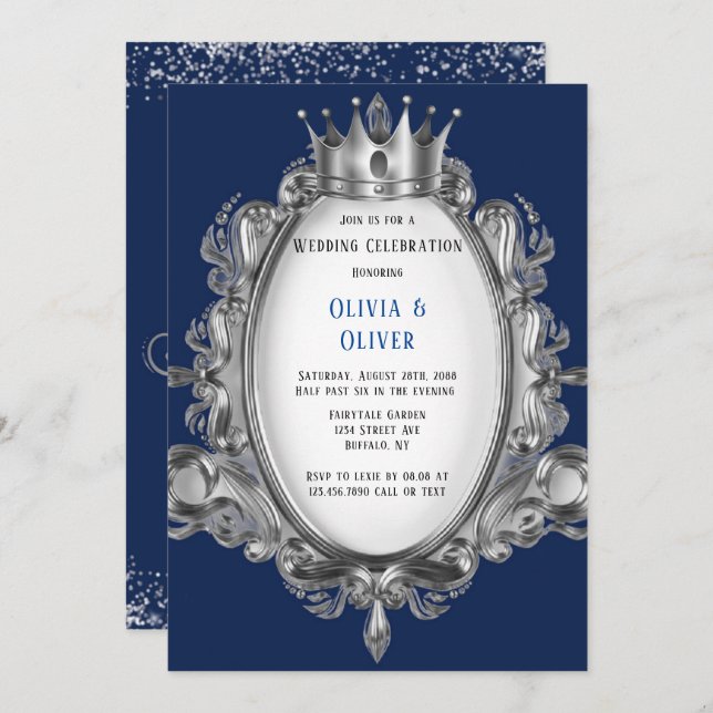 Navy Blue and Silver Frame Royal Wedding Invitatio Invitation (Front/Back)