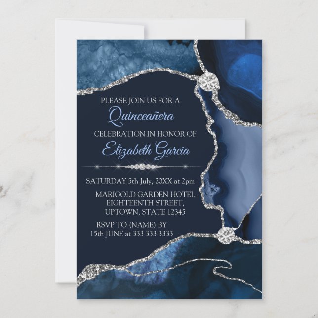 Navy Blue and Silver Glitter Agate Quinceanera Invitation (Front)