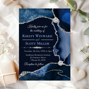 Navy Blue and Silver Glitter Agate Wedding Invitation