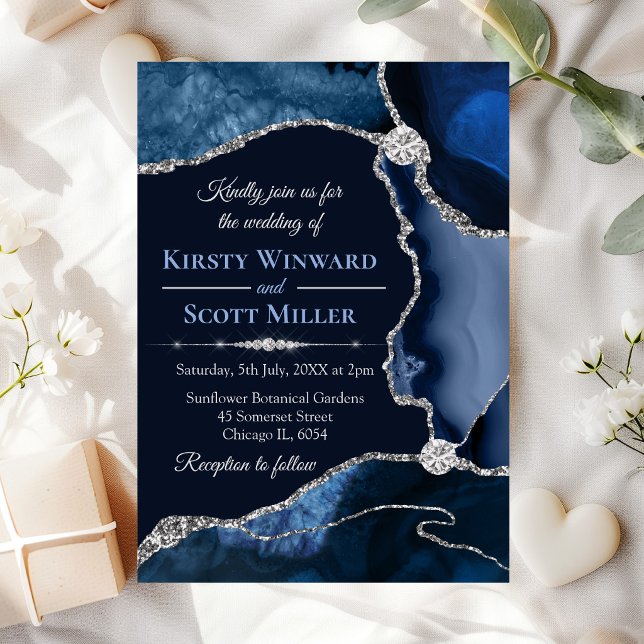 Navy Blue and Silver Glitter Agate Wedding Invitation (Creator Uploaded)