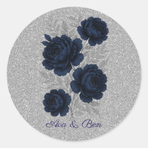 Navy Blue and Silver Glitter Leaves Wedding Classic Round Sticker